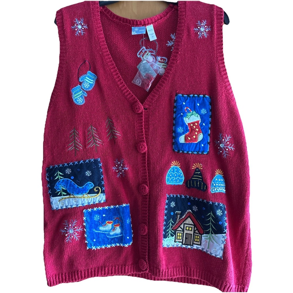 Holiday‎ Editions Women's L Red Embroidered Christmas Sweater Vest Patchwork New